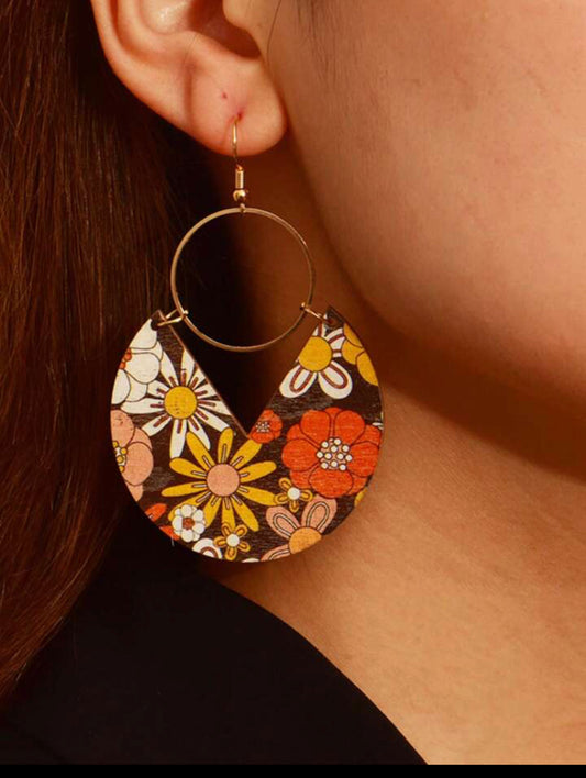 Wooden Floral Pattern Geometric Drop Earrings