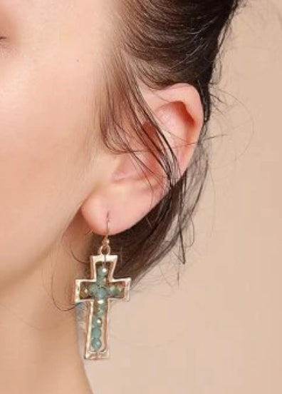 Teal cross earrings